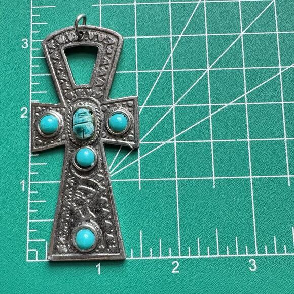 Egyptian Ankh Scarab Pendant Large Cross Silver Plated - Picture 5 of 5